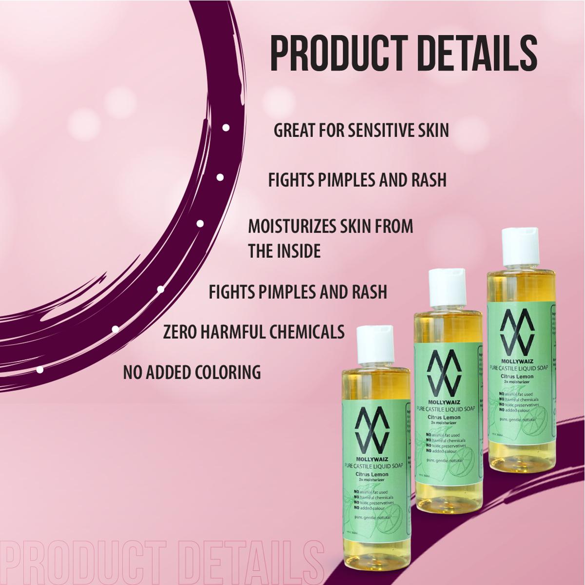 Picture of Mollywaiz Pure Castile Liquid Soap CITRUS LEMON 300ML (Facial Wash & Body Wash) FOR MEN AND WOMEN