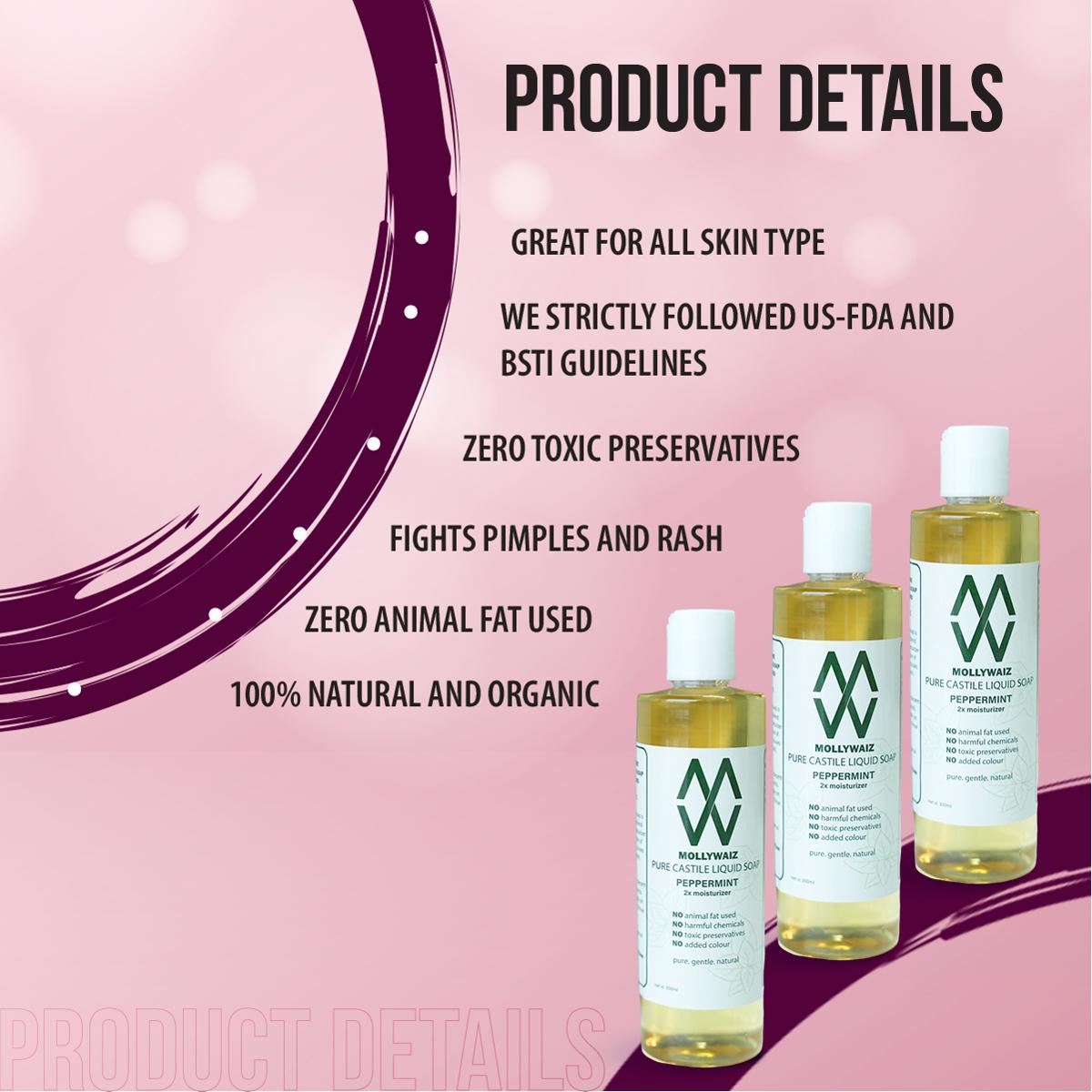 Picture of Mollywaiz Pure Castile Liquid Soap PEPPERMINT 300ML (Facewash & Body Wash)