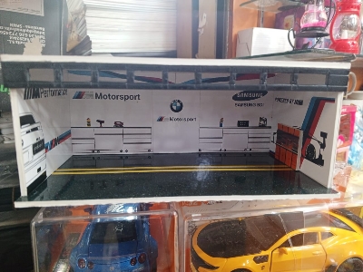 Picture of 1:64 scale BMW M Motorsport garage diorama for die-cast model cars.