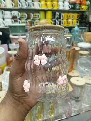 Picture of 1Pc Glass Cup with Lid and Straw, Elegant Bow-Knot Glass Cup for Girls, Wavy Glass Cup with Lid and Straw, Striped Glass Cup, Suitable for Home Decoration, Home Drinking, Breakfast Cup, Milk Cup, Afternoon Tea Coffee Cup, Valentine's Day Gift (Pink)