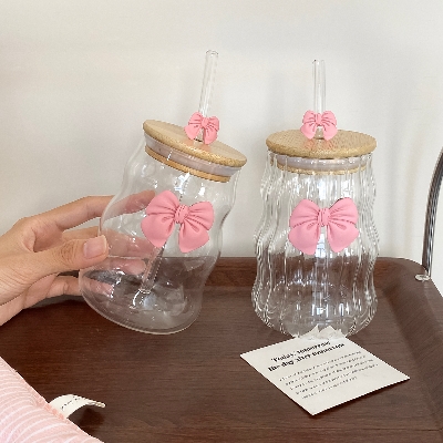 Picture of 1Pc Glass Cup with Lid and Straw, Elegant Bow-Knot Glass Cup for Girls, Wavy Glass Cup with Lid and Straw, Striped Glass Cup, Suitable for Home Decoration, Home Drinking, Breakfast Cup, Milk Cup, Afternoon Tea Coffee Cup, Valentine's Day Gift (Pink)