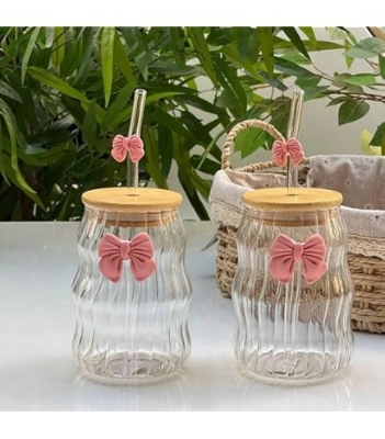 Picture of 1Pc Glass Cup with Lid and Straw, Elegant Bow-Knot Glass Cup for Girls, Wavy Glass Cup with Lid and Straw, Striped Glass Cup, Suitable for Home Decoration, Home Drinking, Breakfast Cup, Milk Cup, Afternoon Tea Coffee Cup, Valentine's Day Gift (Pink)