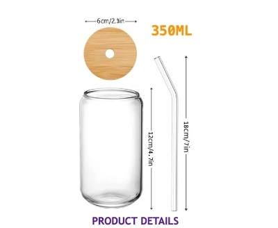 Picture of 350ml Glass Cup with Lid and Straw Transparent Bubble Tea Cup Juice Glass Beer Can Milk Mocha Cups Breakfast Mug Drinkware