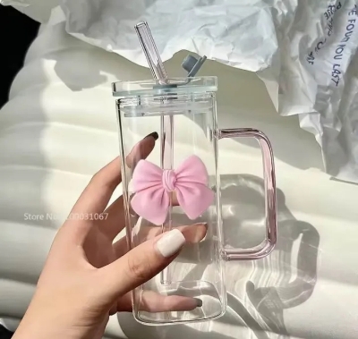 Picture of 350ML Square Mug with Lids and Straws with Bow Water Cup Household Cup Female Milk Coffee