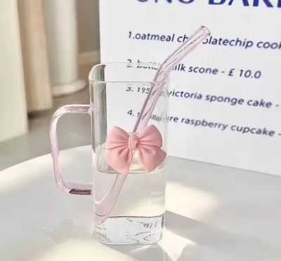 Picture of 350ML Square Mug with Lids and Straws with Bow Water Cup Household Cup Female Milk Coffee