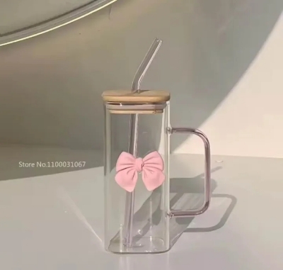 Picture of 350ML Square Mug with Lids and Straws with Bow Water Cup Household Cup Female Milk Coffee