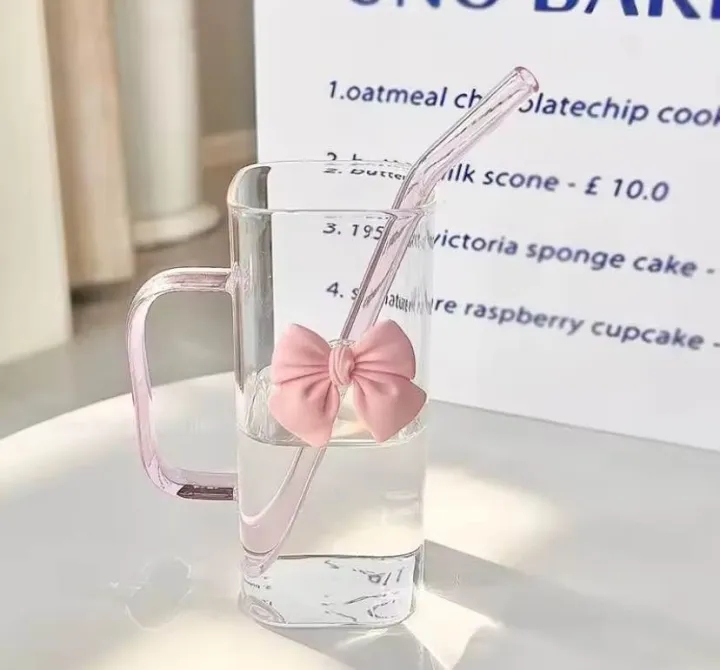 Picture of 350ML Square Mug with Lids and Straws with Bow Water Cup Household Cup Female Milk Coffee
