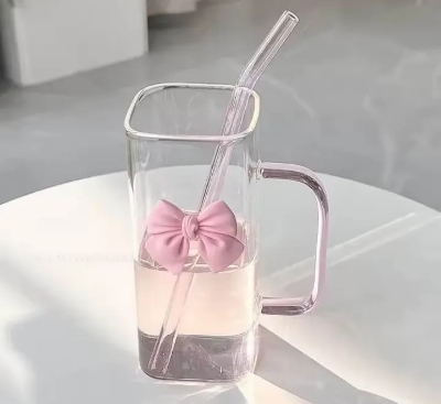 Picture of 350ML Square Mug with Lids and Straws with Bow Water Cup Household Cup Female Milk Coffee