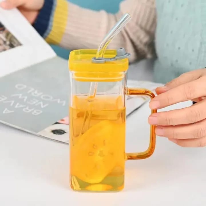 Picture of 400ml Glass Cup With Lid and Straw Transparent Bubble Tea Cup Juice Glass Beer Can Milk Mocha Cups Breakfast Mug Drinkware