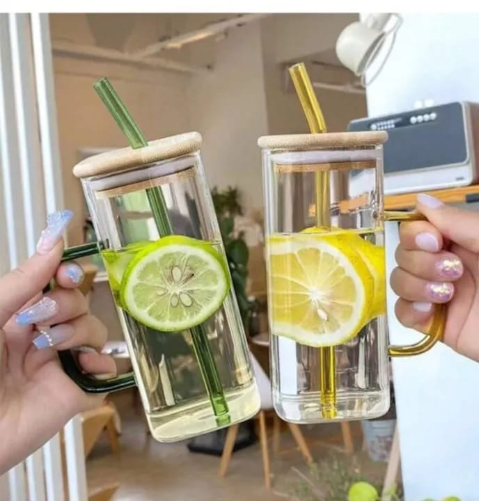 Picture of 400ml Glass Cup With Lid and Straw Transparent Bubble Tea Cup Juice Glass Beer Can Milk Mocha Cups Breakfast Mug Drinkware