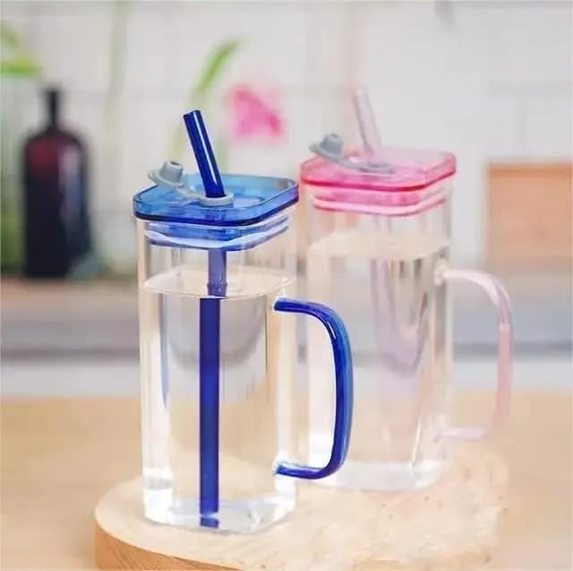 Picture of 400ml Glass Cup With Lid and Straw Transparent Bubble Tea Cup Juice Glass Beer Can Milk Mocha Cups Breakfast Mug Drinkware