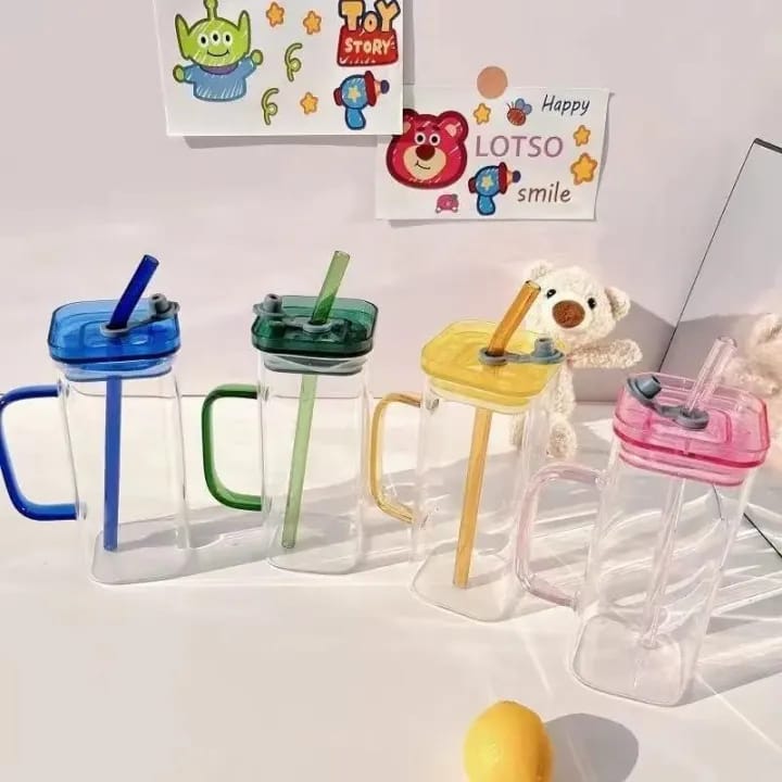 Picture of 400ml Glass Cup With Lid and Straw Transparent Bubble Tea Cup Juice Glass Beer Can Milk Mocha Cups Breakfast Mug Drinkware