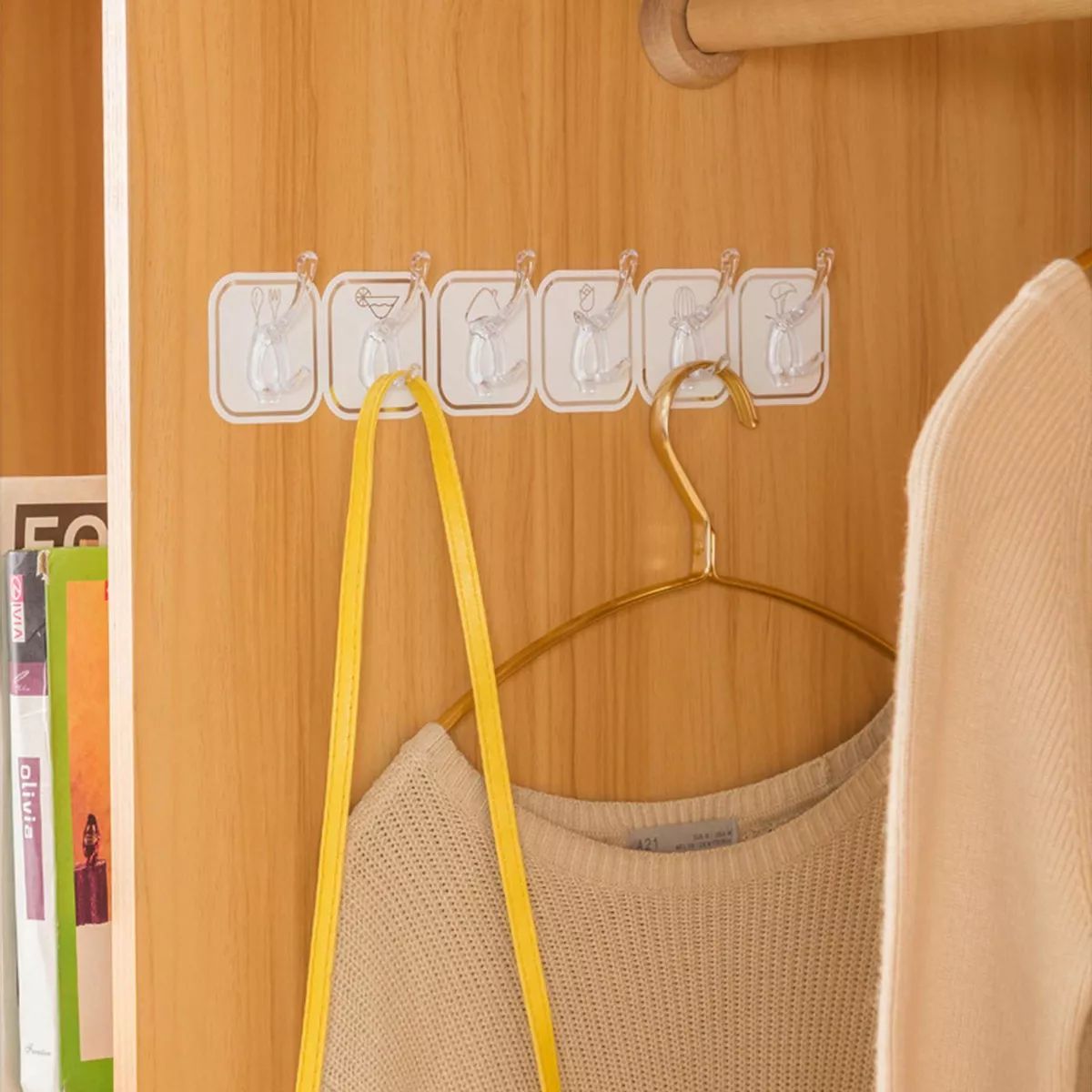 Picture of Adhesive Hooks Coat Rack Wall Mounted 6 Hook Self Adhesive PVC Wall Hangers