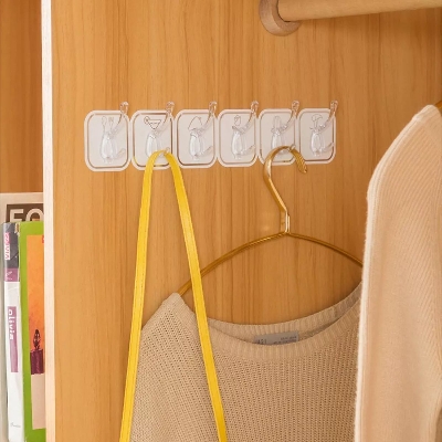 Picture of Adhesive Hooks Coat Rack Wall Mounted 6 Hook Self Adhesive PVC Wall Hangers