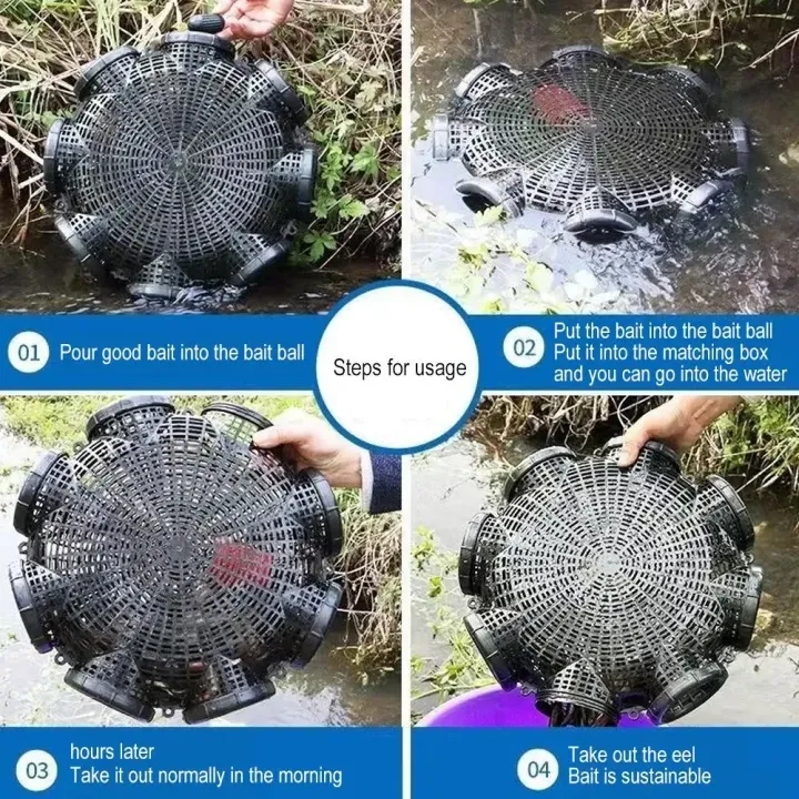 Picture of Fish Trap net Fishing outdoor Nets Mesh Cage / Circular Plastic 06 Holes Fish Trap Cage / Detachable Durable & Portable Multi-Holes (Black)
