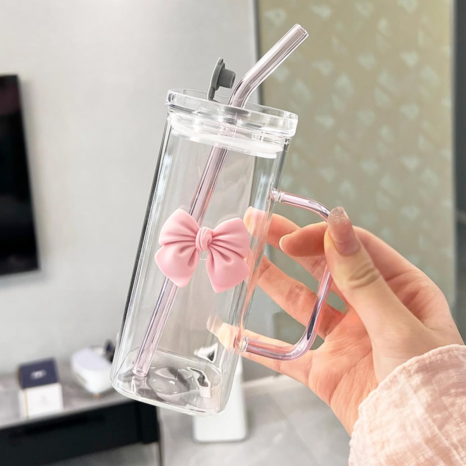 Picture of Girls Lovely Delicate Bownot Glass Cup with Straws and Lids, Lemon Tea Cup, Milk Cup For Home, Office, Dining Room (Pink Bowknot) (Pink)