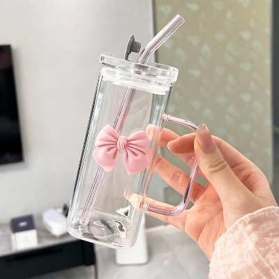 Picture of Girls Lovely Delicate Bownot Glass Cup with Straws and Lids, Lemon Tea Cup, Milk Cup For Home, Office, Dining Room (Pink Bowknot) (Pink)