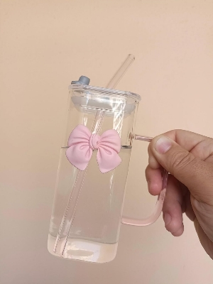 Picture of Girls Lovely Delicate Bownot Glass Cup with Straws and Lids, Lemon Tea Cup, Milk Cup For Home, Office, Dining Room (Pink Bowknot) (Pink)