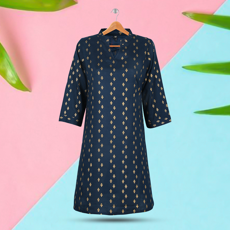 Picture of Navy Blue Linen Kurti with Afsan work