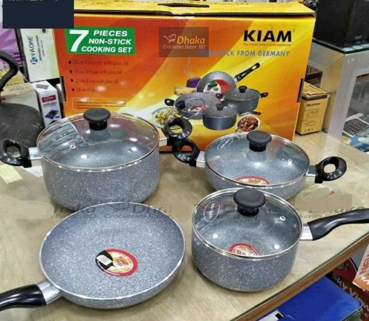 Picture of Kiam Non Stick 7 Pcs Cookware Set For Superior Release -1Pc Casserol, 1Pc Fry pan, 1Pc Karai and 1Pc Milk pan with 3 lids