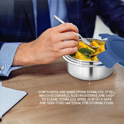 Picture of MILTON Camo Feast Stainless Steel Tiffin (3 Click Lock Round Containers, 300 ml Each; 1 Tumbler, 400 ml) with Insulated Jacket, Blue (Blue)