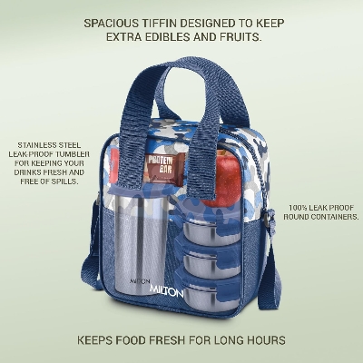 Picture of MILTON Camo Feast Stainless Steel Tiffin (3 Click Lock Round Containers, 300 ml Each; 1 Tumbler, 400 ml) with Insulated Jacket, Blue (Blue)