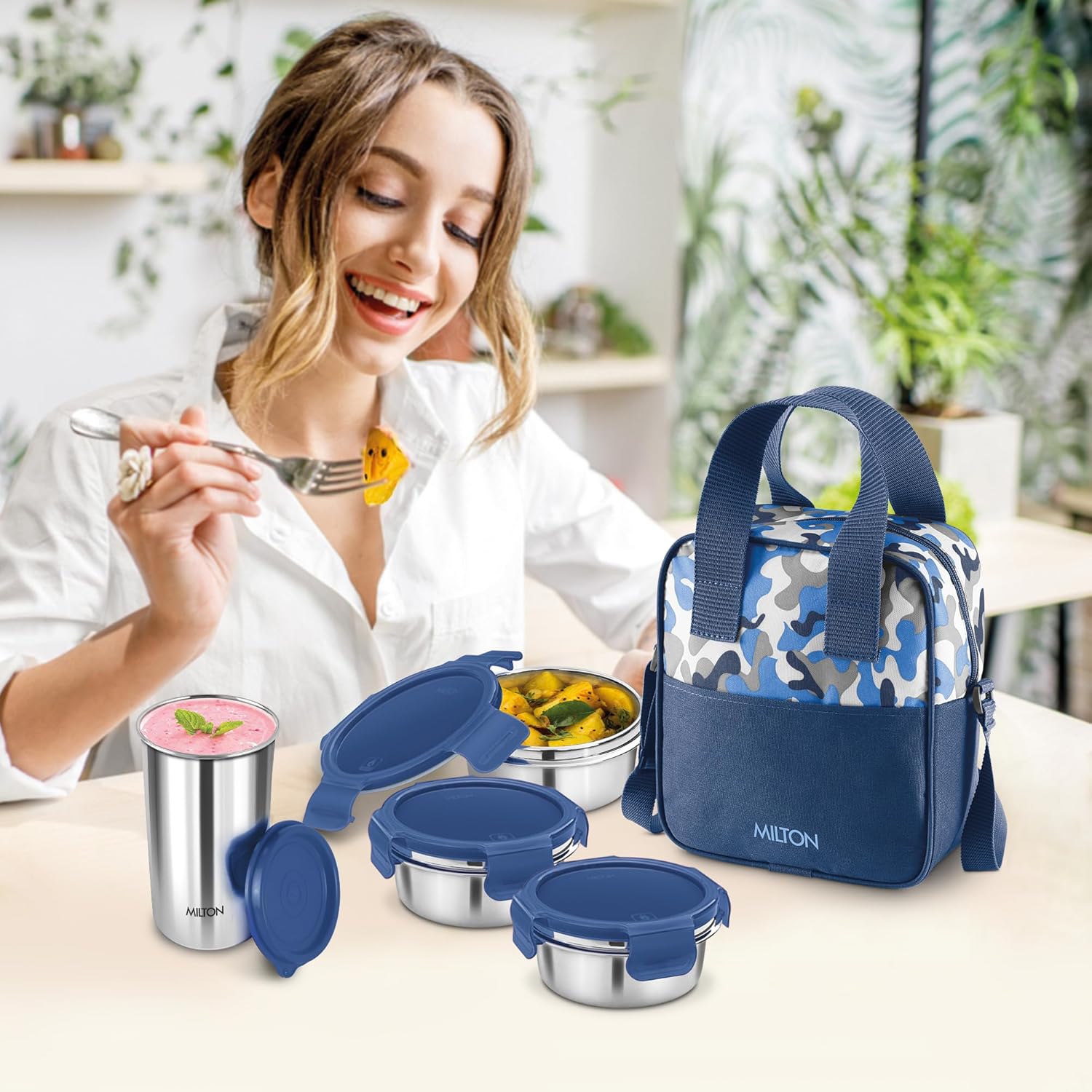 Picture of MILTON Camo Feast Stainless Steel Tiffin (3 Click Lock Round Containers, 300 ml Each; 1 Tumbler, 400 ml) with Insulated Jacket, Blue (Blue)