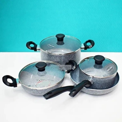 Picture of Prestiege Granite Coated 7 Pcs Induction Cookware Set For Superior Release -1Pc Casserol, 1Pc Fry pan, 1Pc Karai, 1Pc Milk pan and 3 lids Gift And Home Use