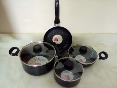 Picture of Prestiege Granite Coated 7 Pcs Induction Cookware Set For Superior Release -1Pc Casserol, 1Pc Fry pan, 1Pc Karai, 1Pc Milk pan and 3 lids Gift And Home Use