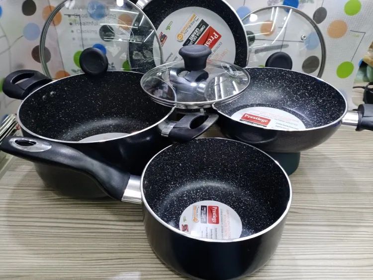 Picture of Prestiege Granite Coated 7 Pcs Induction Cookware Set For Superior Release -1Pc Casserol, 1Pc Fry pan, 1Pc Karai, 1Pc Milk pan and 3 lids Gift And Home Use