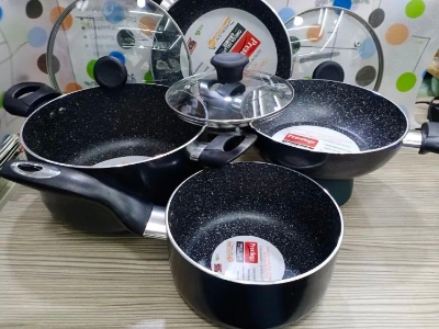 Picture of Prestiege Granite Coated 7 Pcs Non stick  Cookware Set For Superior Release -1Pc Casserol, 1Pc Fry pan, 1Pc Karai, 1Pc Milk pan and 3 lids Gift And Home Use