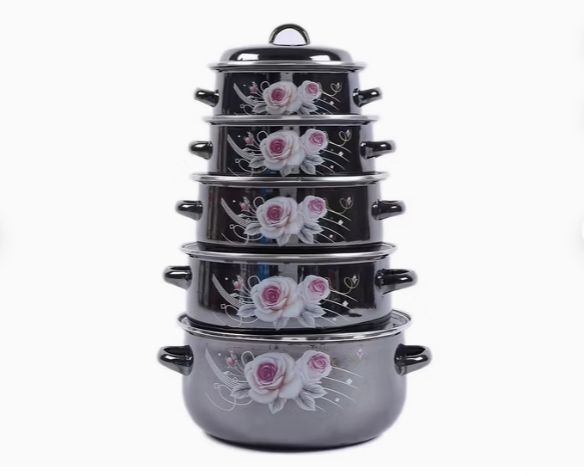 Picture of Shining Black Enamel Steel Casserole with Decal Cookware Set for Cooking