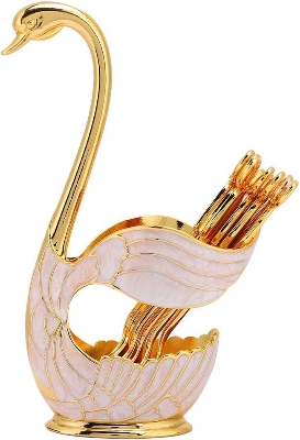 Picture of Tea Bag Holder Dish and Spoon Rest, Metal Coffee Dessert Flatware Spoon Forks Holder, Swan Base Holder and 6 Spoons Set Decorative Tableware Dinnerware for Stirring Mixing Fruit Tea(Golden White) (Gold)