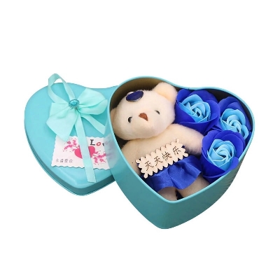 Picture of Heart-Shaped Blue Gift Box with Teddy and Roses Valentine Day Best Love Gift for Girlfriend - gift box Blue