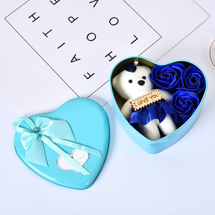 Picture of Heart-Shaped Blue Gift Box with Teddy and Roses Valentine Day Best Love Gift for Girlfriend - gift box Blue