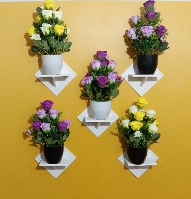 Picture of all Mounted Square Shape Showpiece Rack. Wall Decorative 5 Pcs 1 Set . Self Adhesive Hand Made Flower, Toffee,& Showpiece Holder
