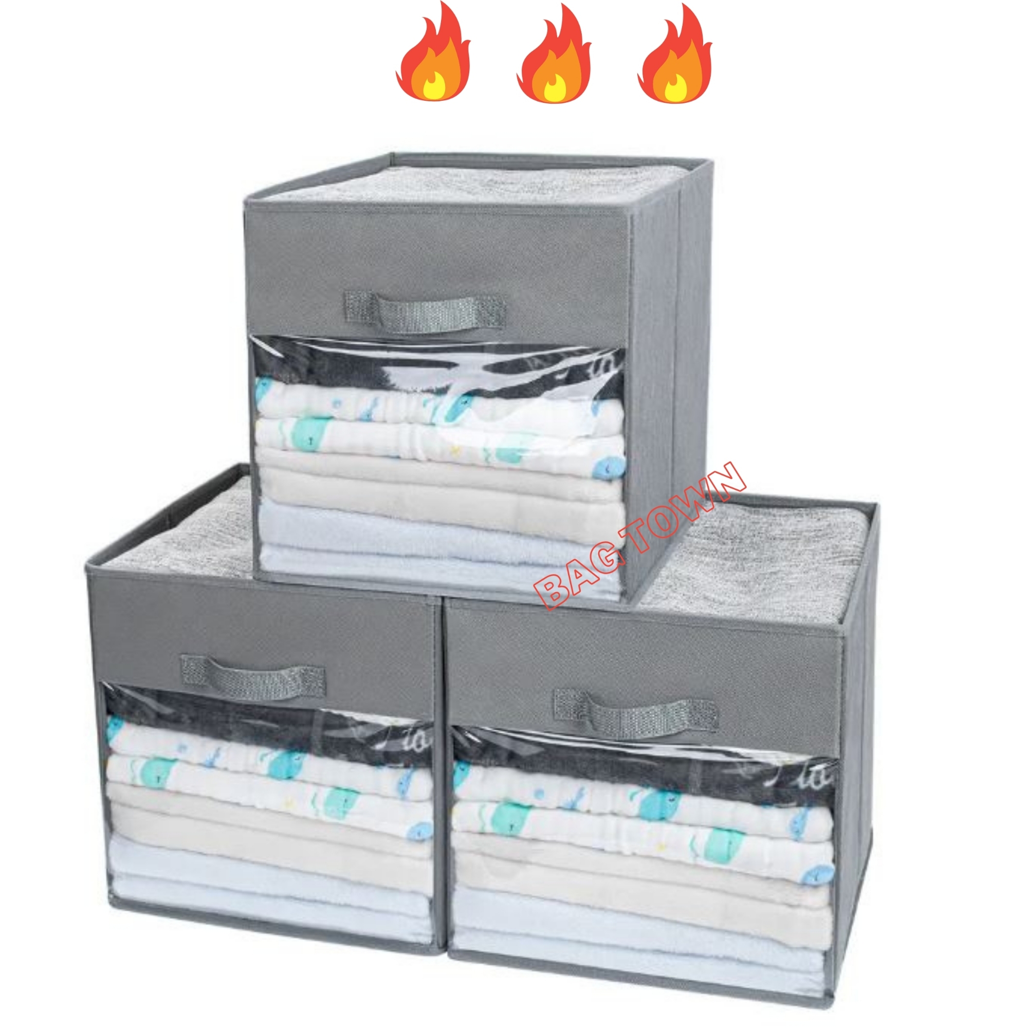 Picture of 3 Pcs Pack Cloth Storage Box, Large Capacity Laundry Basket, Cloth Organizer Basket - Grey