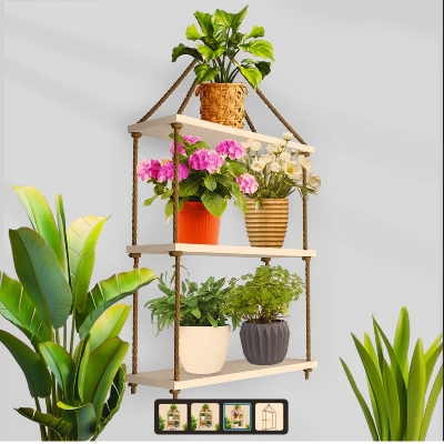 Picture of 3 Layer rope Hanging Balcony Shelf Flower Plan Rack For Indoor And Outdoor Room Decor waterproof Rack