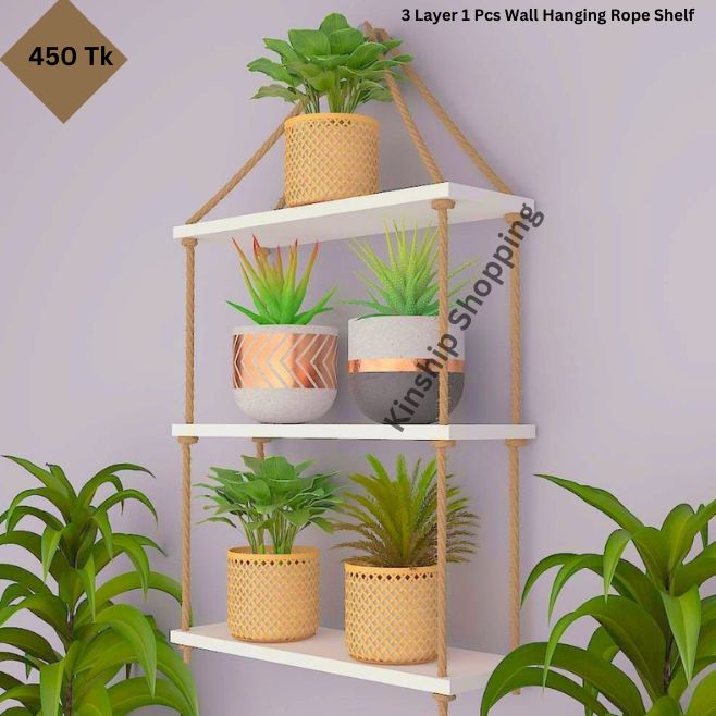 Picture of 3 Layer rope Hanging Balcony Shelf Flower Plan Rack For Indoor And Outdoor Room Decor waterproof Rack