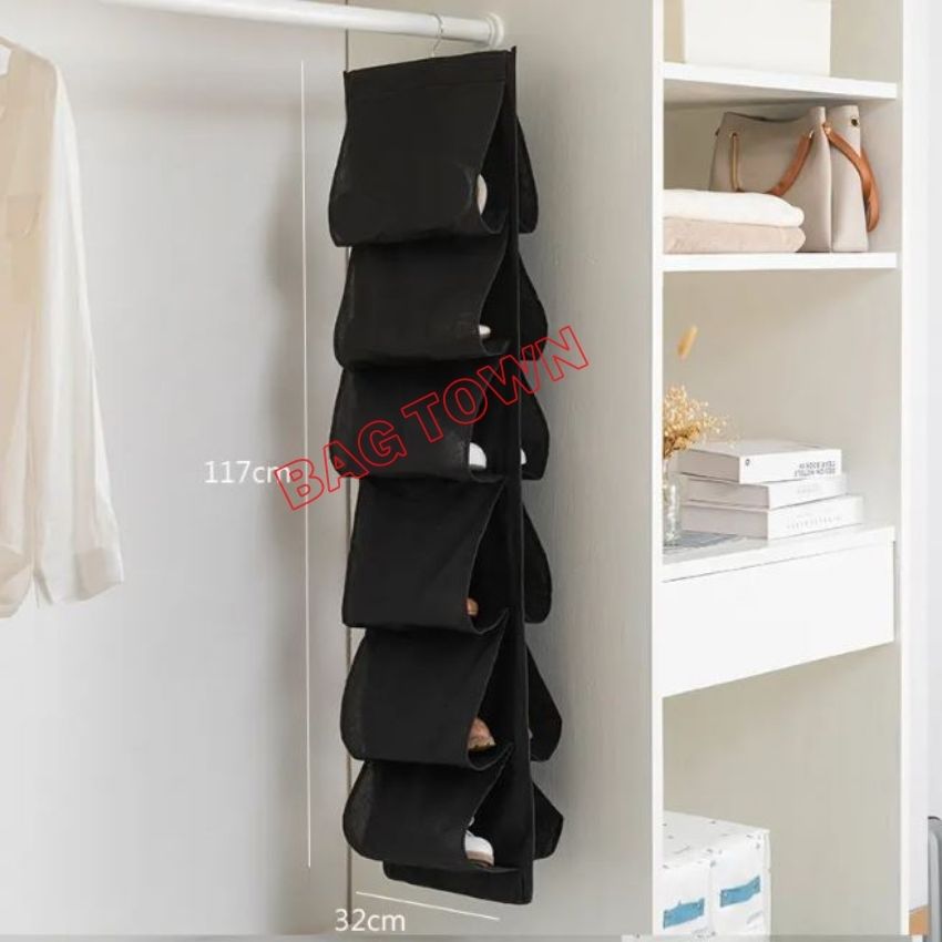 Picture of 12 Grid Shoe Organizer Dustproof Hanging Shoe Storage Bag Rotatable Shoe Storage Bag - Black