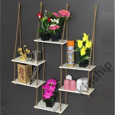 Picture of 1 pcs 6 Layer wall Shelf . House Decorative Multi-use Wall Rack With Hook And Rope . Water proof Handmade Craft Item home Shelf Organizer Rack.