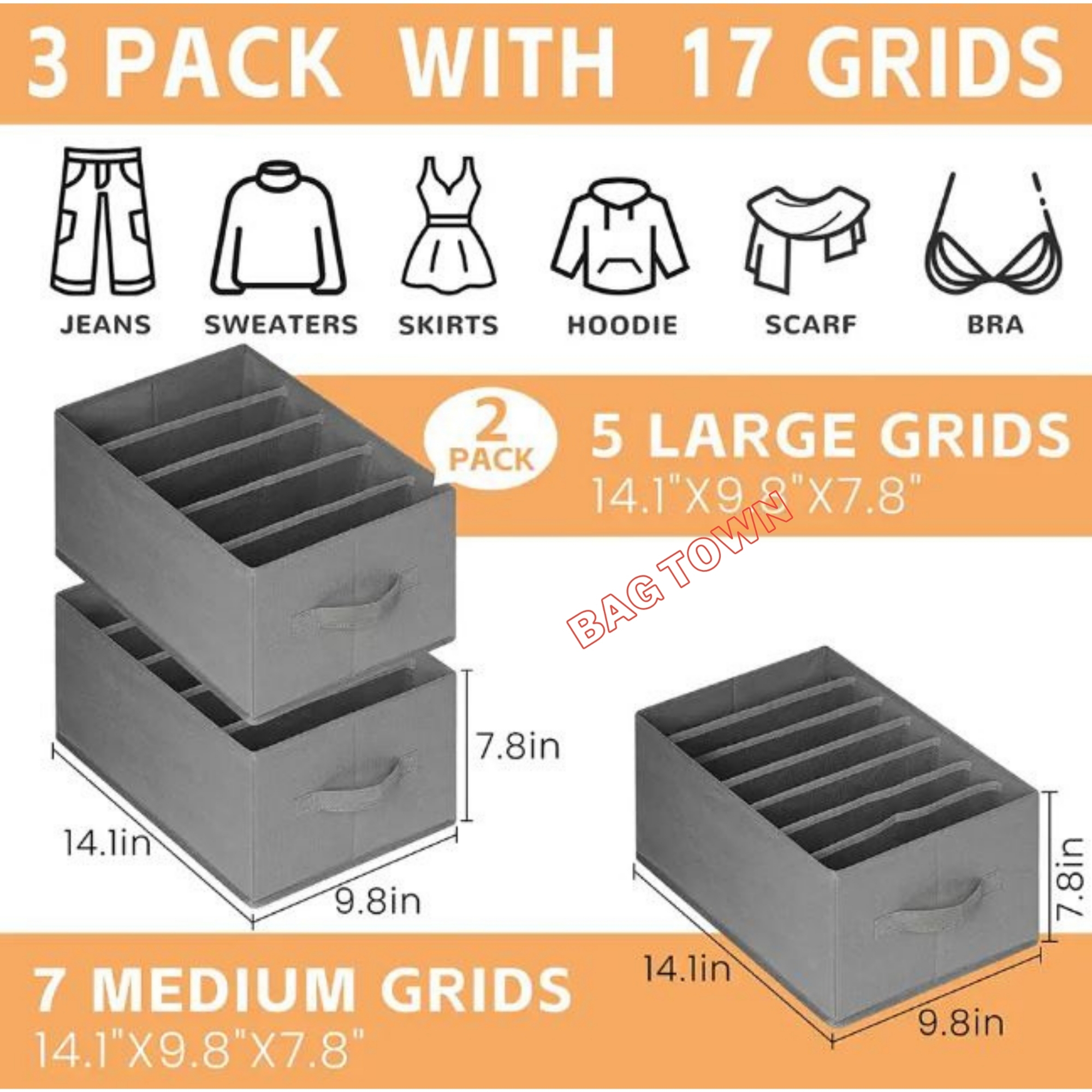 Picture of 3 Pcs Pack 7 Grids Large Cloth Organizer Box Closet Storage drawer divider storage organizer Box. - Grey