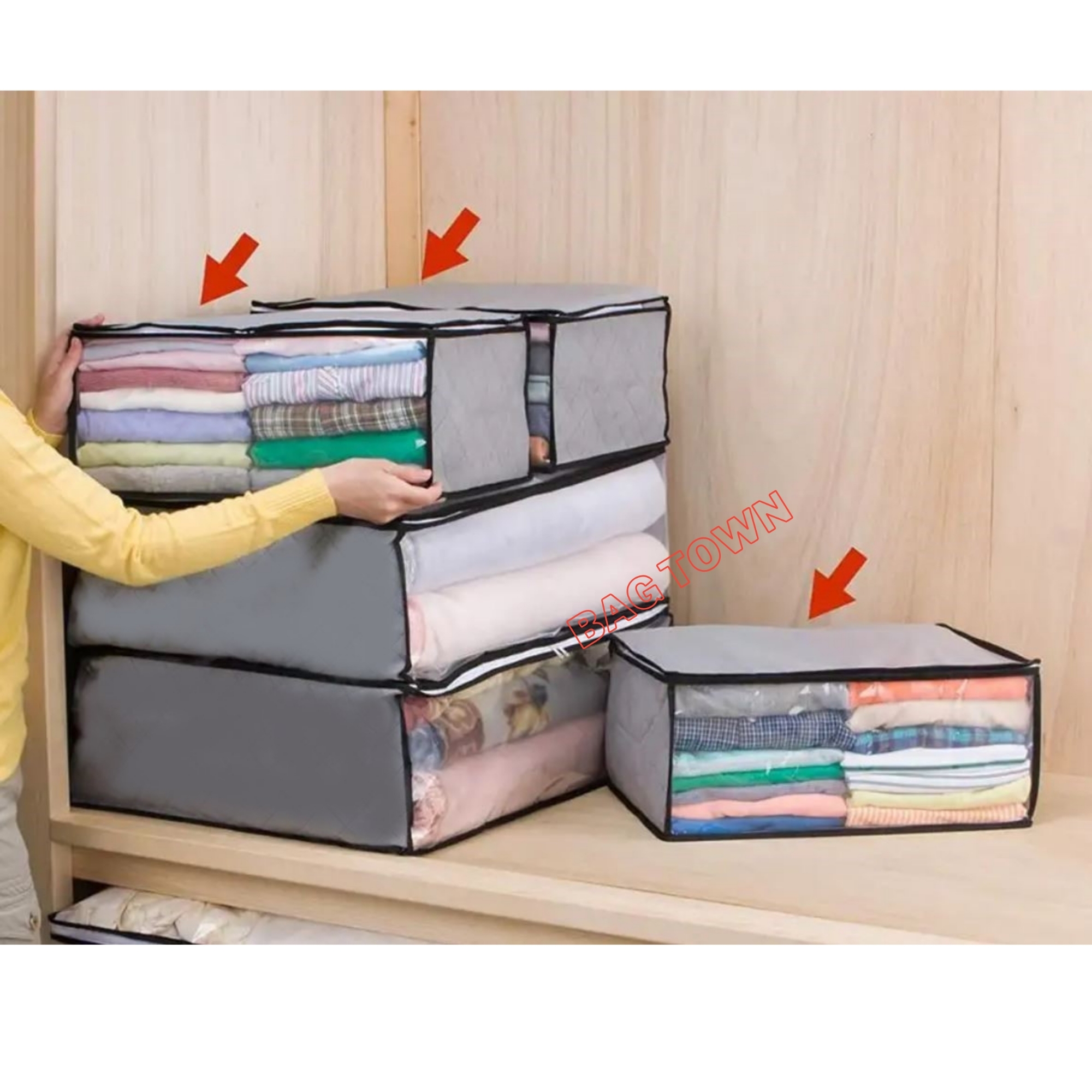 Picture of 1 Pcs Cloth Storage Bag, Blanket Storage Organizer, Large Capacity Cloth Storage Bag, New Quilt Storage Bag with Cristal Poly. - Grey