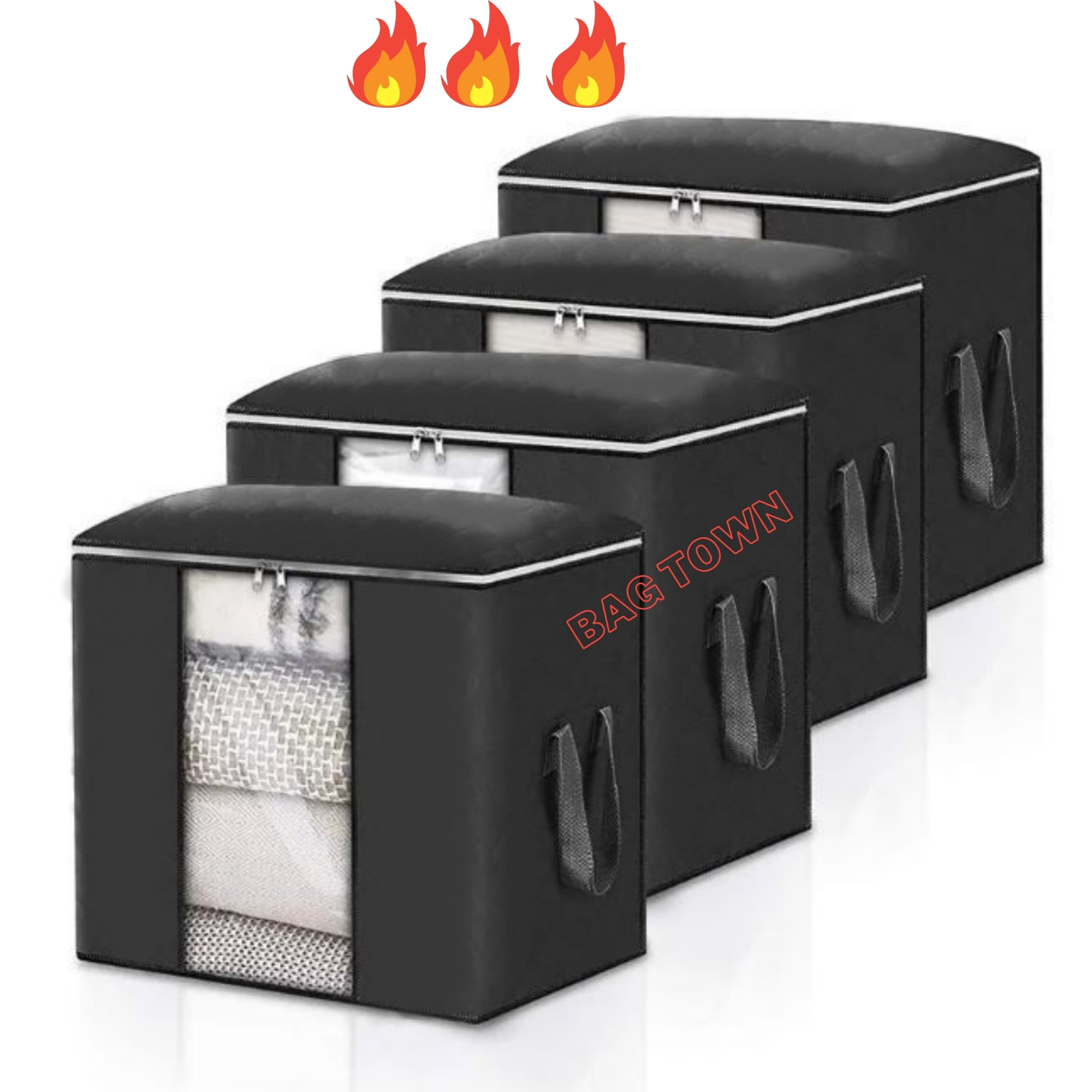 Picture of 4 Pcs Vertical Size Premium Quality Cloth Storage Bag, Quilt Storage Bag Large Size Storage Bag With High Quality Zipper. - Black