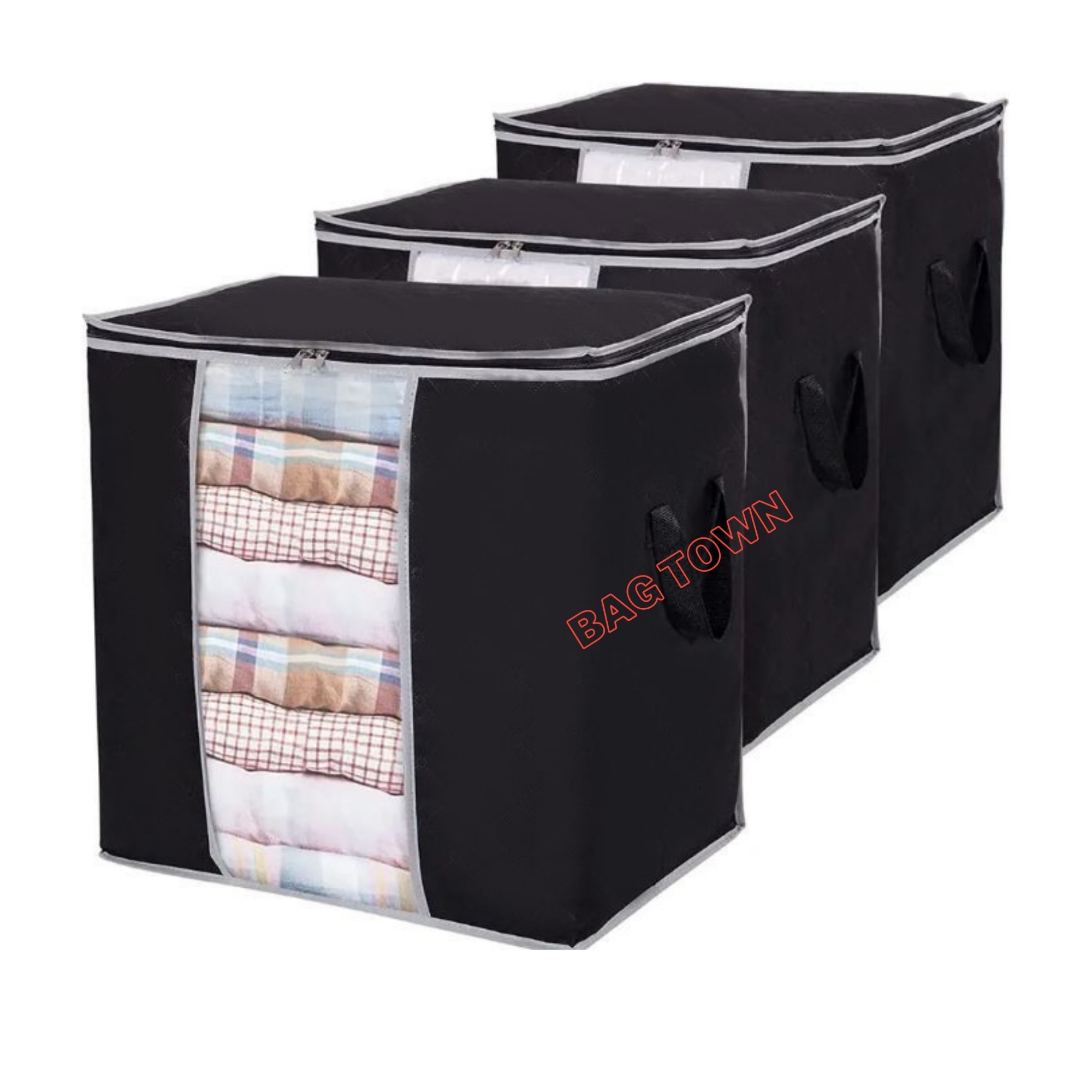 Picture of 4 Pcs Vertical Size Premium Quality Cloth Storage Bag, Quilt Storage Bag Large Size Storage Bag With High Quality Zipper. - Black