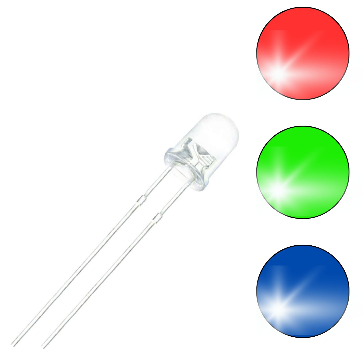 Picture of Multi Color Flashing 5mm RGB 2 Pin Bright LED - Light Emitting Diode - Clear LED of Colors Red, Green and Blue Flashing (20 Pcs) Multicolor