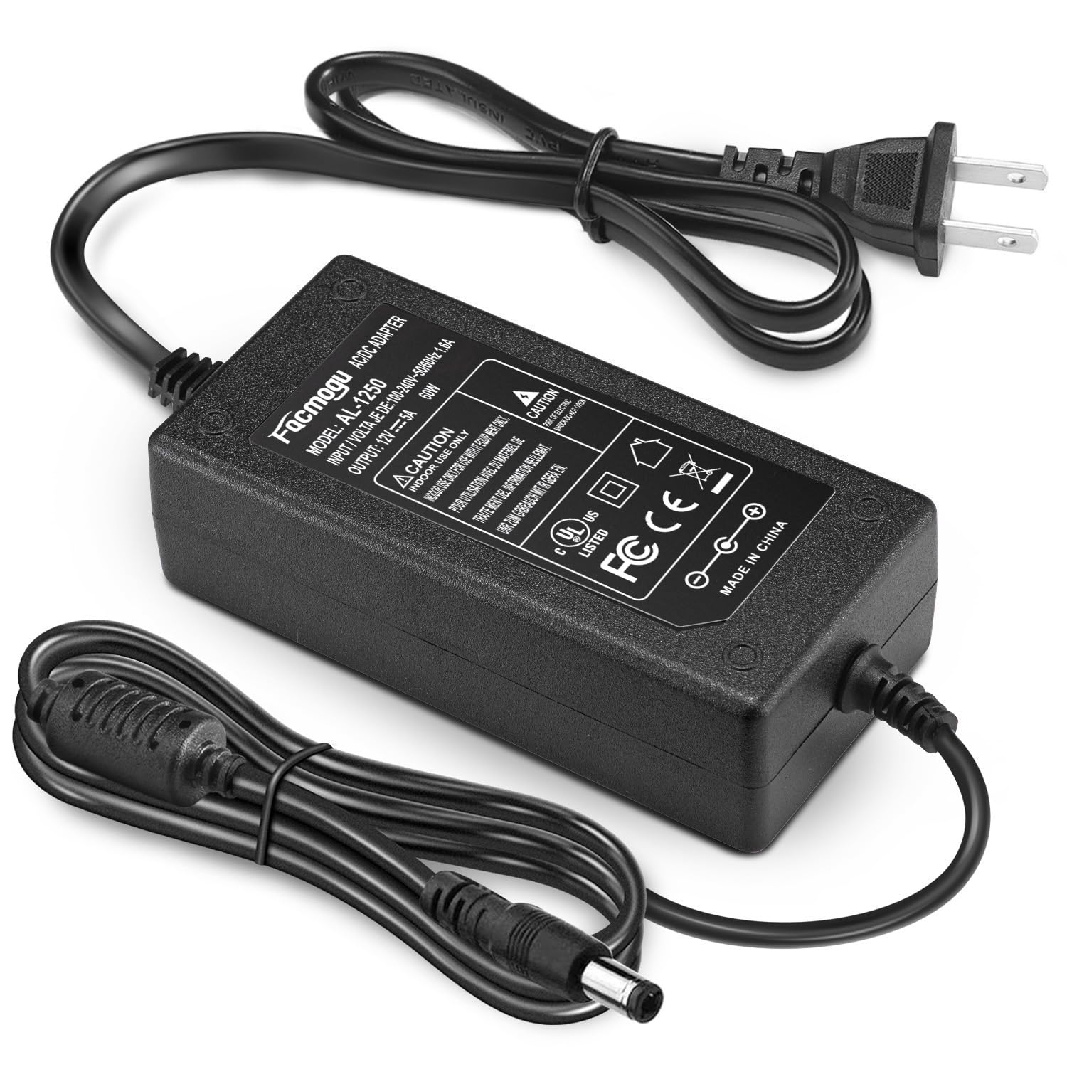 Picture of 12V 5A Power Adapter AC 100-220V to DC 60W Power Supply US Plug Switching PC Power Cord for LCD Monitor LED Strip Light DVR NVR Security Cameras System CCTV black