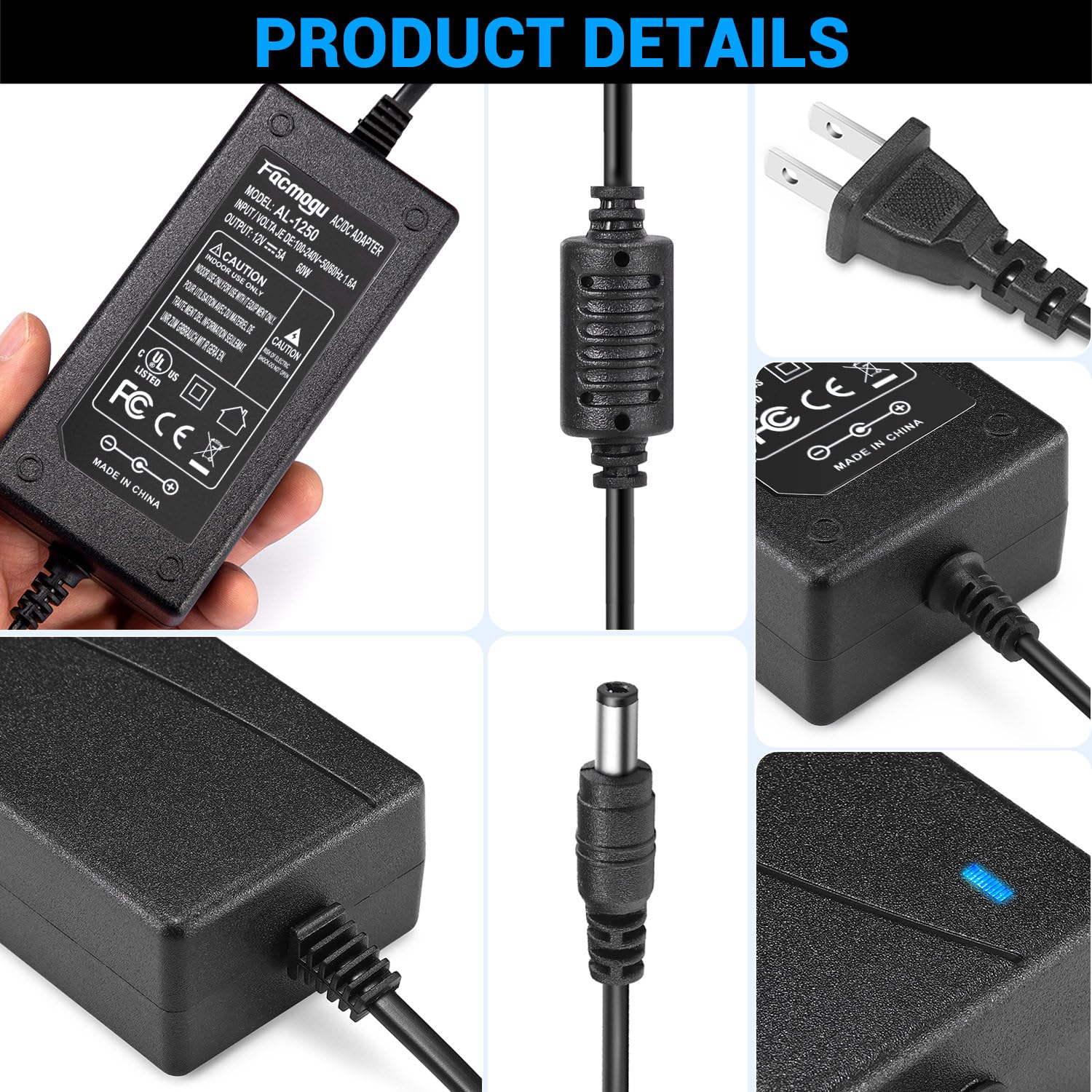 Picture of 12V 5A Power Adapter AC 100-220V to DC 60W Power Supply US Plug Switching PC Power Cord for LCD Monitor LED Strip Light DVR NVR Security Cameras System CCTV black