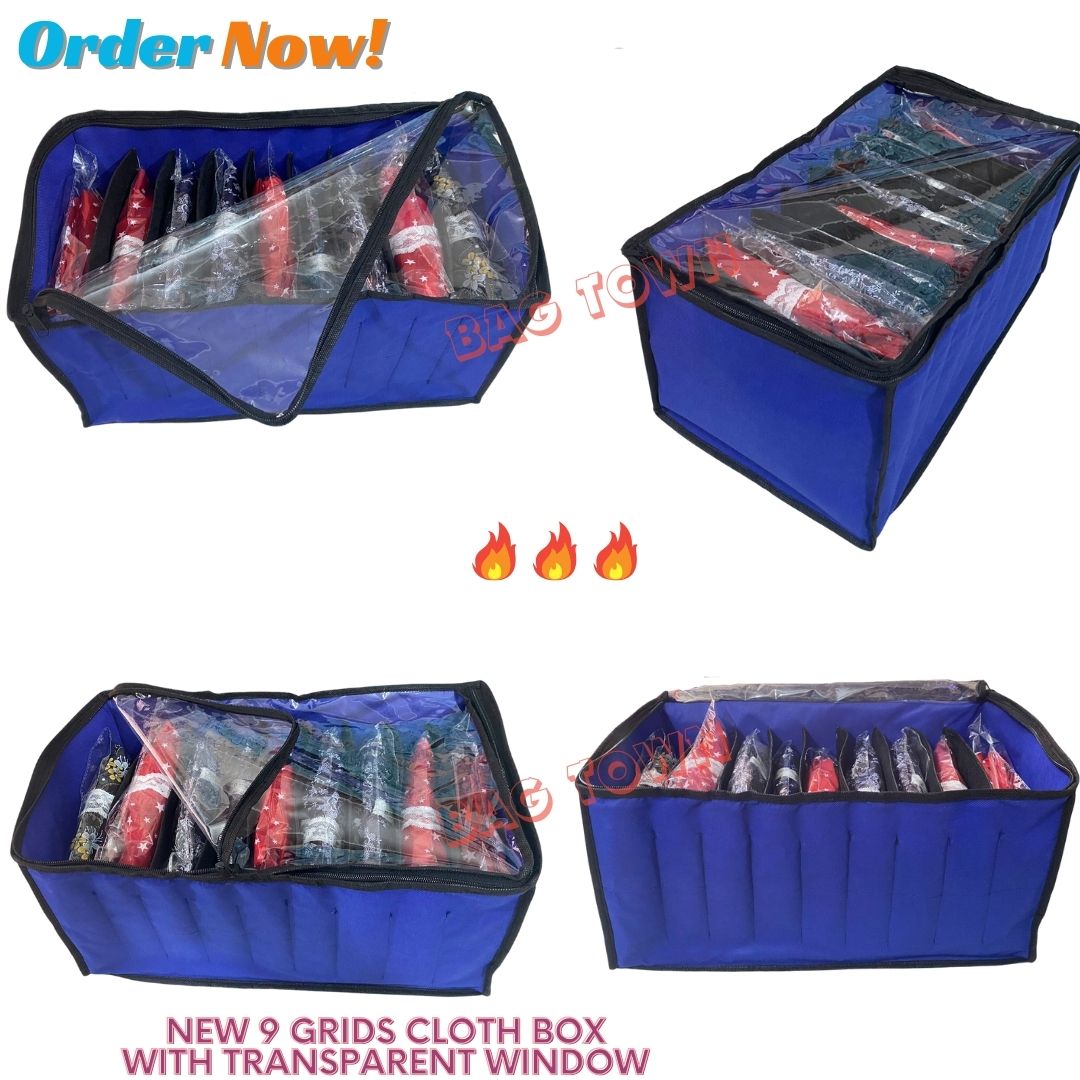 Picture of New 9 Grids Large Cloth Organizer Box With Transparent Cover. Cloth Storage Box Premium Quality Zipper & Material