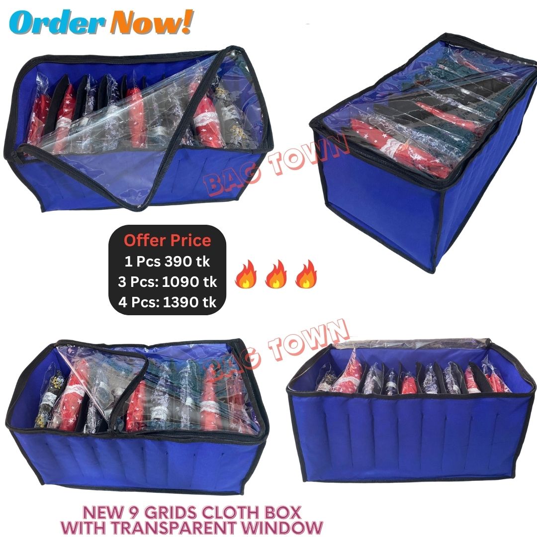 Picture of New 9 Grids Large Cloth Organizer Box With Transparent Cover. Cloth Storage Box Premium Quality Zipper & Material